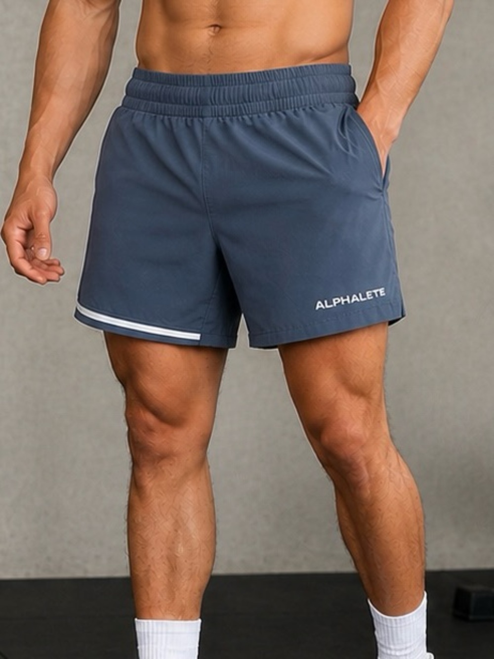 ALPHALETE Mens Shorts Size Small Blue Gray Reflective Hem Drawstring Zip Pockets